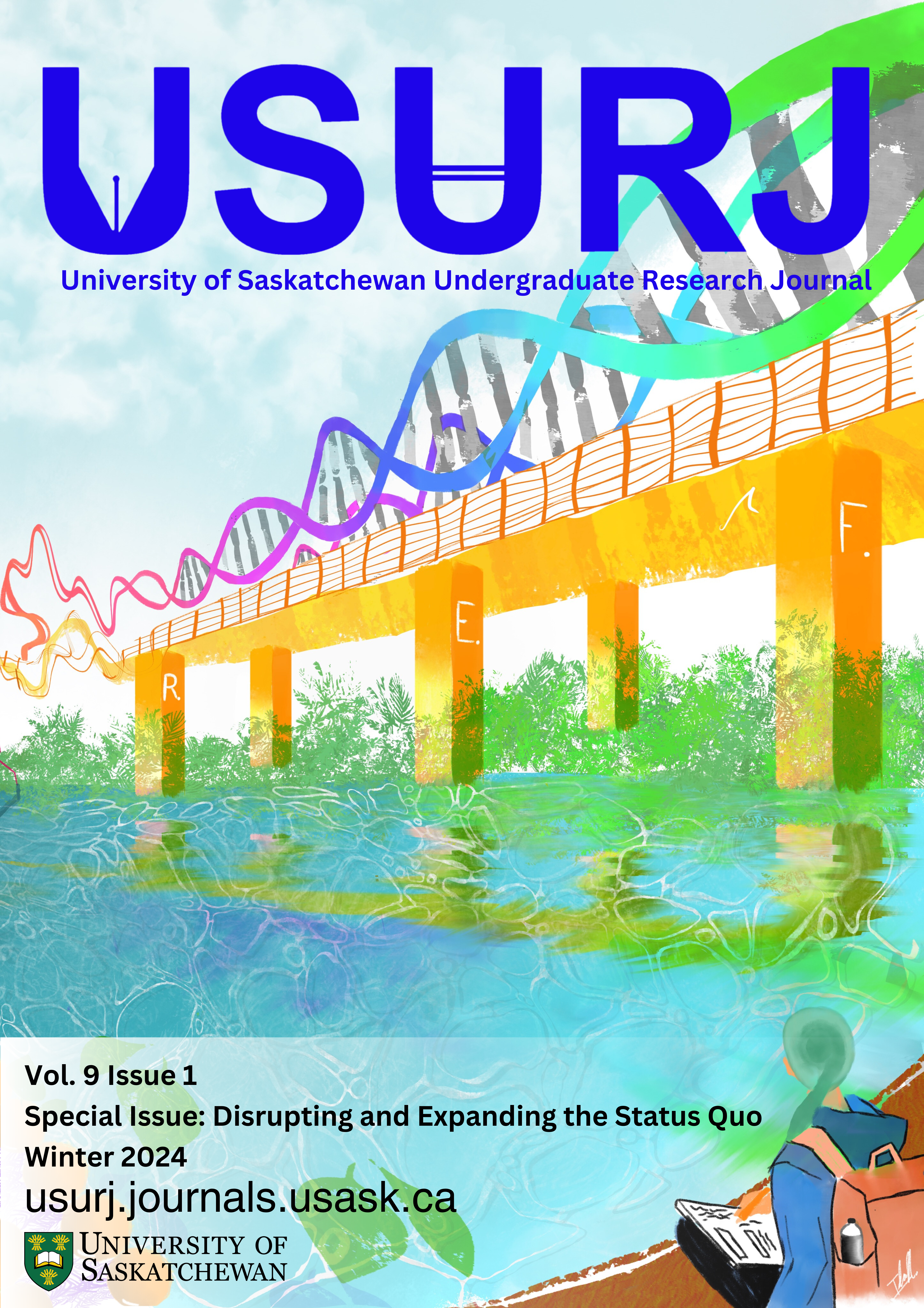 USURJ cover art: a colourful painting of a DNA bridge over a river, initials REF paying homage to Rosalind E. Franklin, duplicating cells in water, bacteriophages, and greenery. The student artist in the bottom right corner of their art piece, with a textbook, looking at the river and bridge. She is wearing a backpack and her hair is tied back in a braid.
